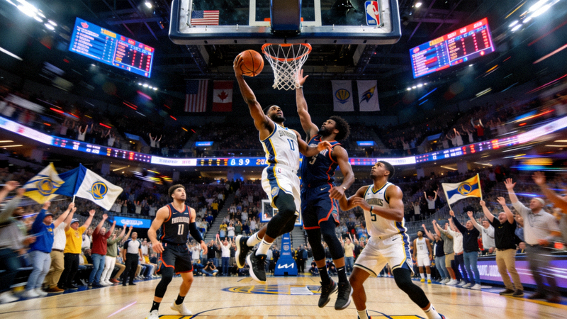 NBA篮球季后赛激烈对抗瞬间，球员突破上篮与观众席欢呼的直播画面